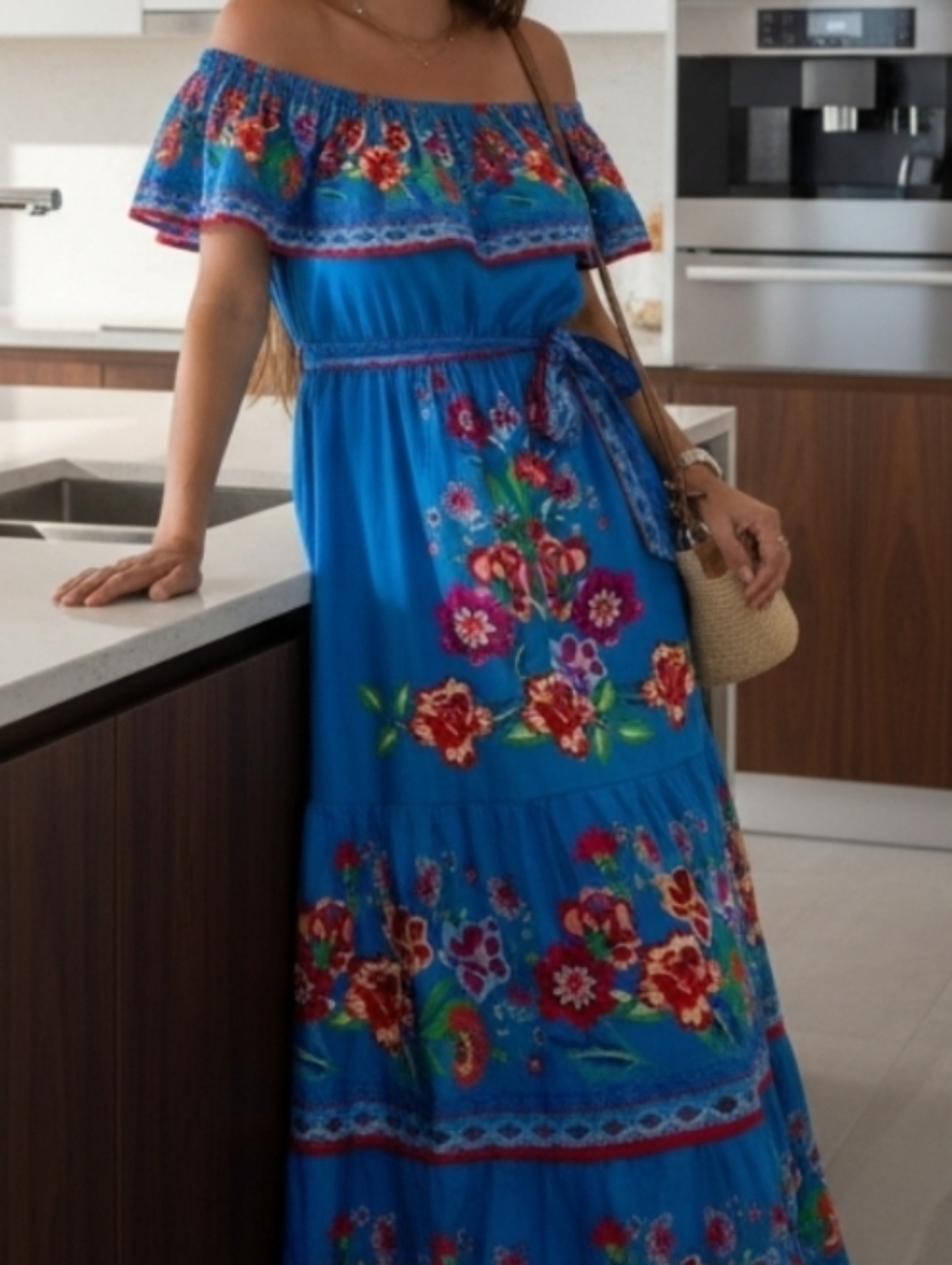 Floral Ruffle Off Shoulder Belted Elastic Waist Retro 70s Tiered Boho Maxi Dress - Picture 6 of 9